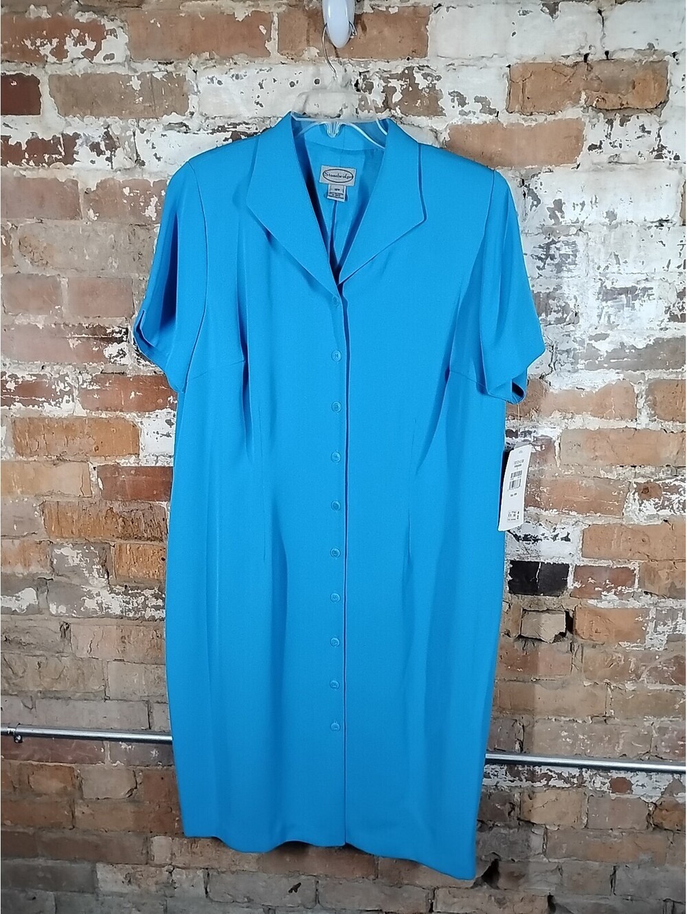 Vintage NWT Stonebridge Blue Short Sleeve Button Down Dress V-Neck Preppy 18w